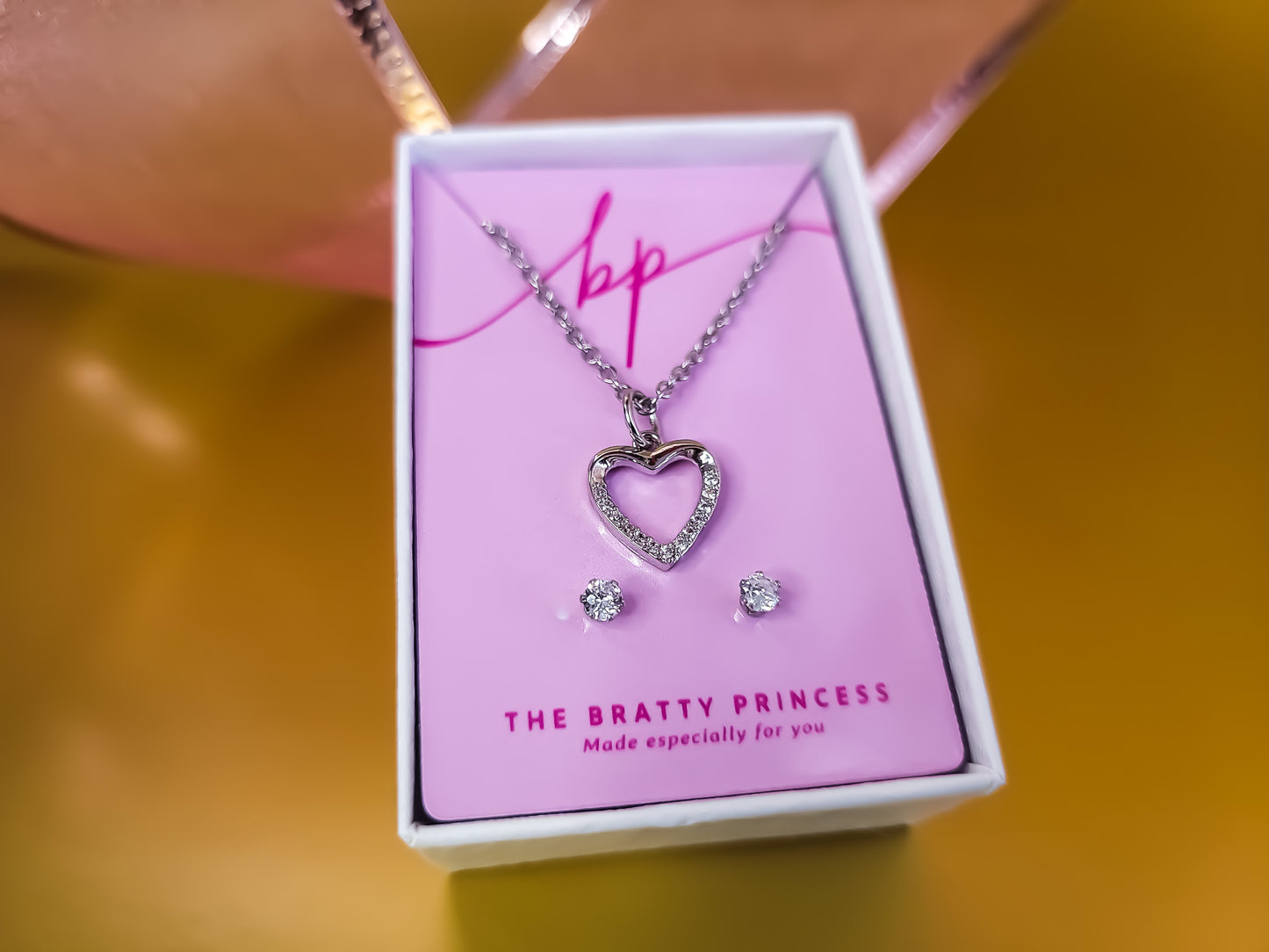 Dainty Cubic Zirconia Heart Pendant and Earring Set