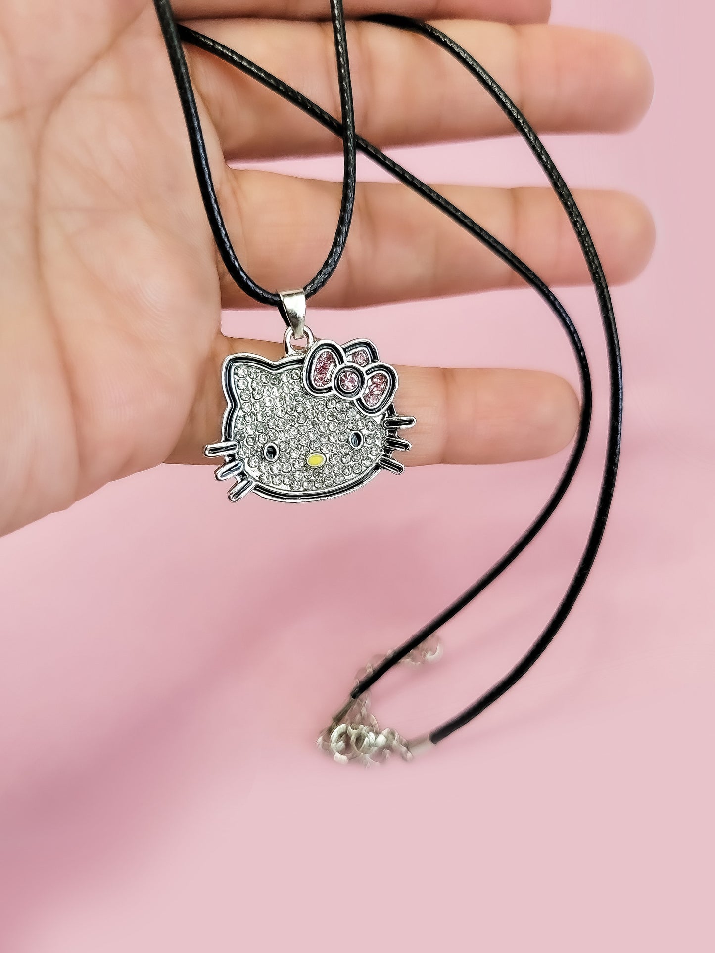 Cute Cubic Zirconia Brilliant Diamond Cut Style 30mm Silver Plated Hello Kitty Pendant with wax coated Black Necklace Cord in 18"