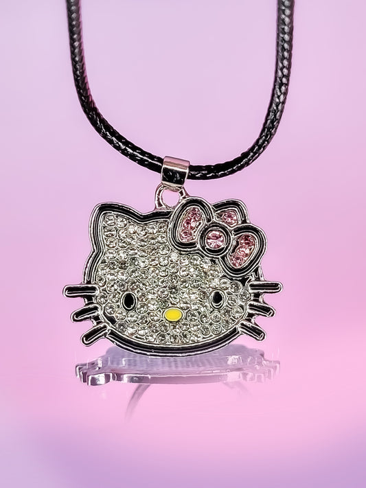 Cute Cubic Zirconia Brilliant Diamond Cut Style 30mm Silver Plated Hello Kitty Pendant with wax coated Black Necklace Cord in 18"