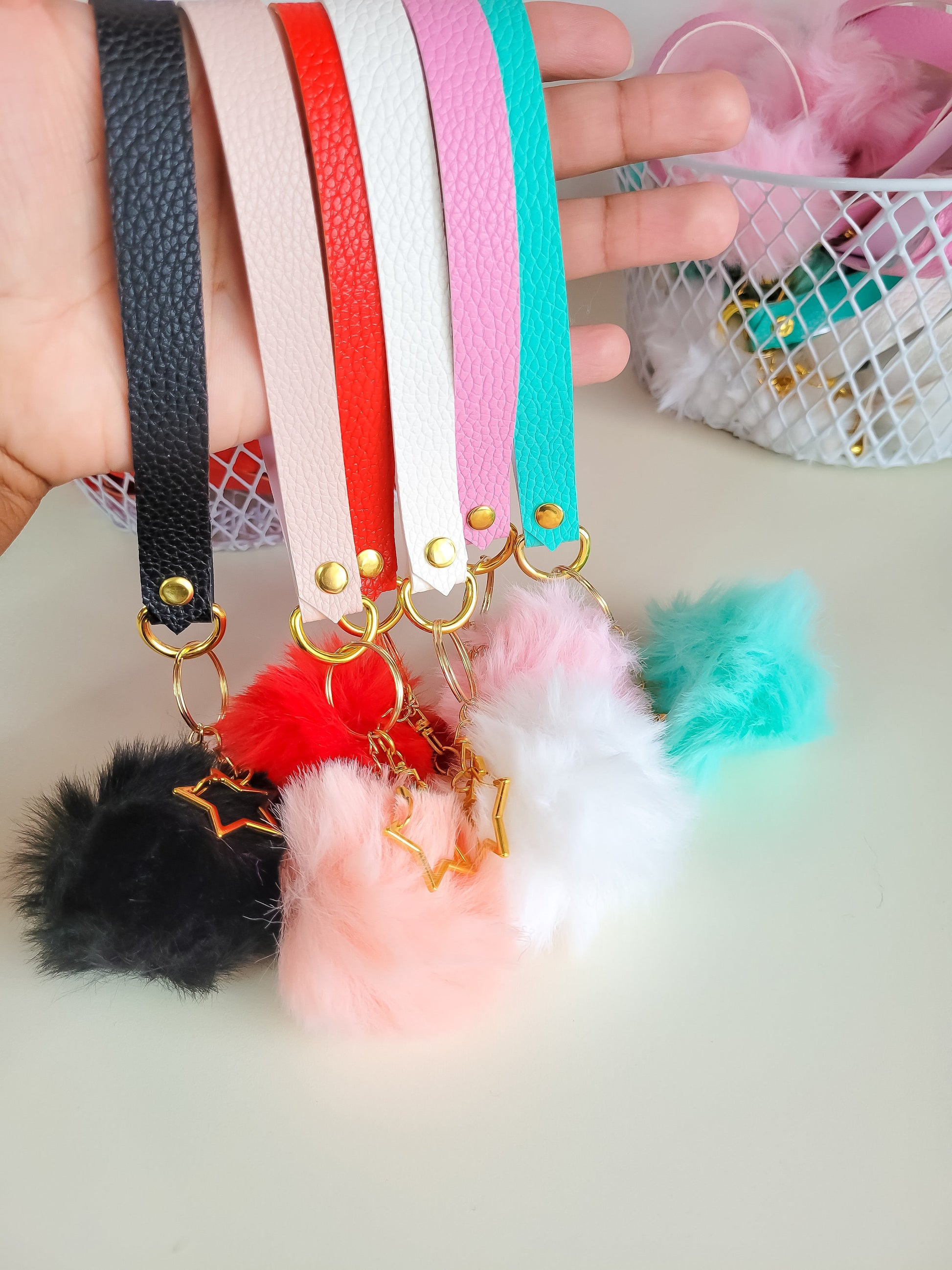 SHIPS NEXT DAY! Faux Leather Keychain Wristlet with Star Hook Clip and Pompom