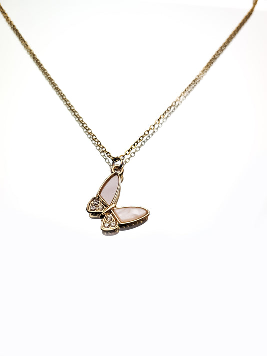 Cute Pearl Gold Butterfly Pendant in 18"