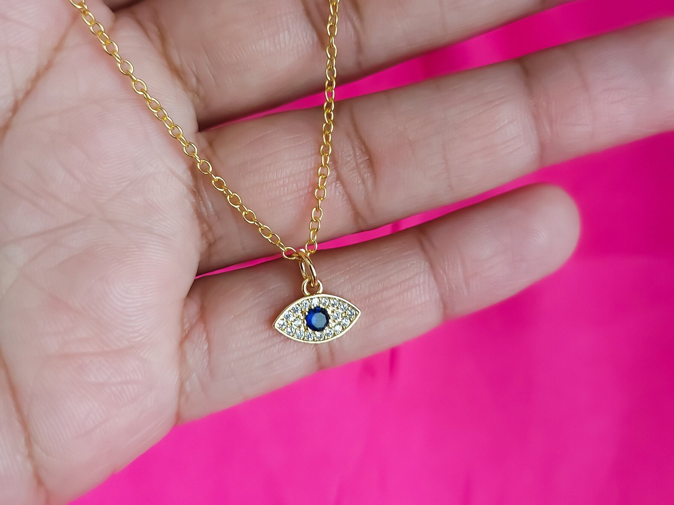 Evil Eye Necklace for Women in 14k Gold - Heart Necklace - 14k Yellow Solid  Gold Hamsa Pendant - Dainty Protection Jewelry - Real Gold Eye Necklace –  Gelin Diamond