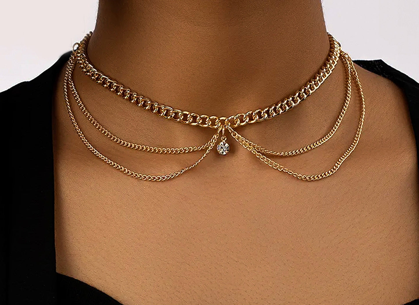 Gold Silver Rhinestone Layered Choker Necklace | CZ Cubic Zirconia