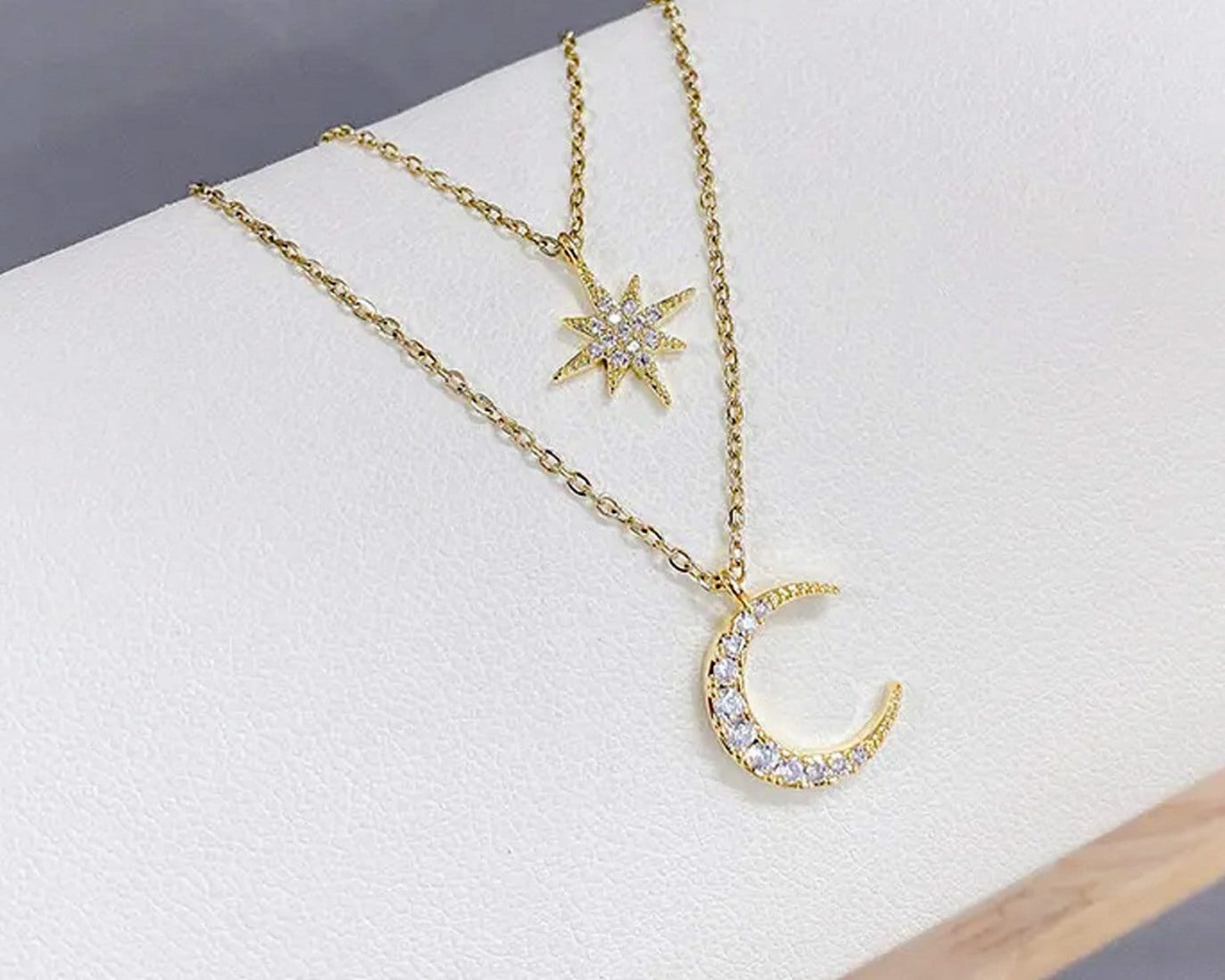 CELESTIAL Star, Moon Pendant Necklace | Stainless Steel, 18K Gold-Plated, Rose Gold | Double Layered Necklace | CZ Cubic Zirconia