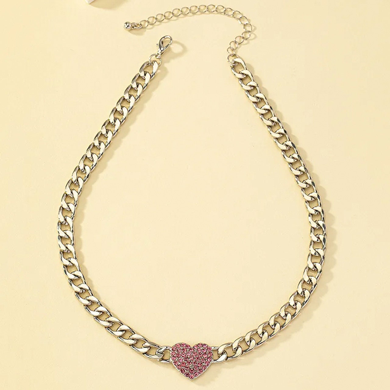 Silver Crystal Heart Choker | Chunky Curb Link Chain | Stainless Steel Pendant Necklace | Streetwear, Y2K Jewelry Gifts