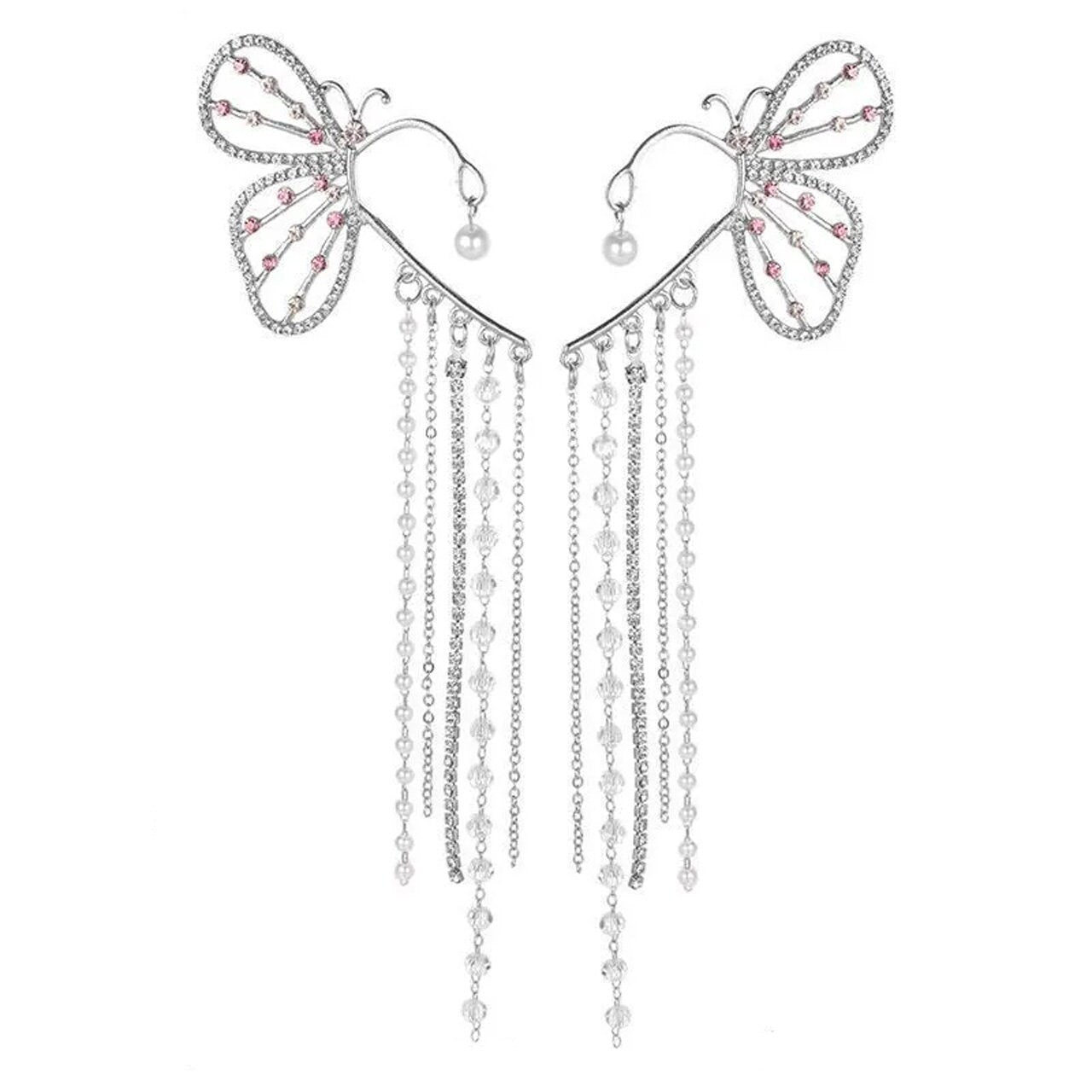 ENCHANTED Butterfly Tassel Drop Cuff Earrings | Pearl Crystal Earrings | Silver, CZ Cubic Zirconia | Fairycore, Princesscore, Coquette Style