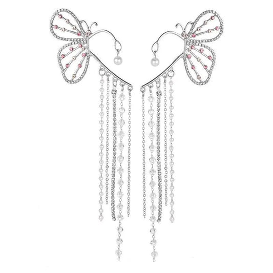 ENCHANTED Butterfly Tassel Drop Cuff Earrings | Pearl Crystal Earrings | Silver, CZ Cubic Zirconia | Fairycore, Princesscore, Coquette Style