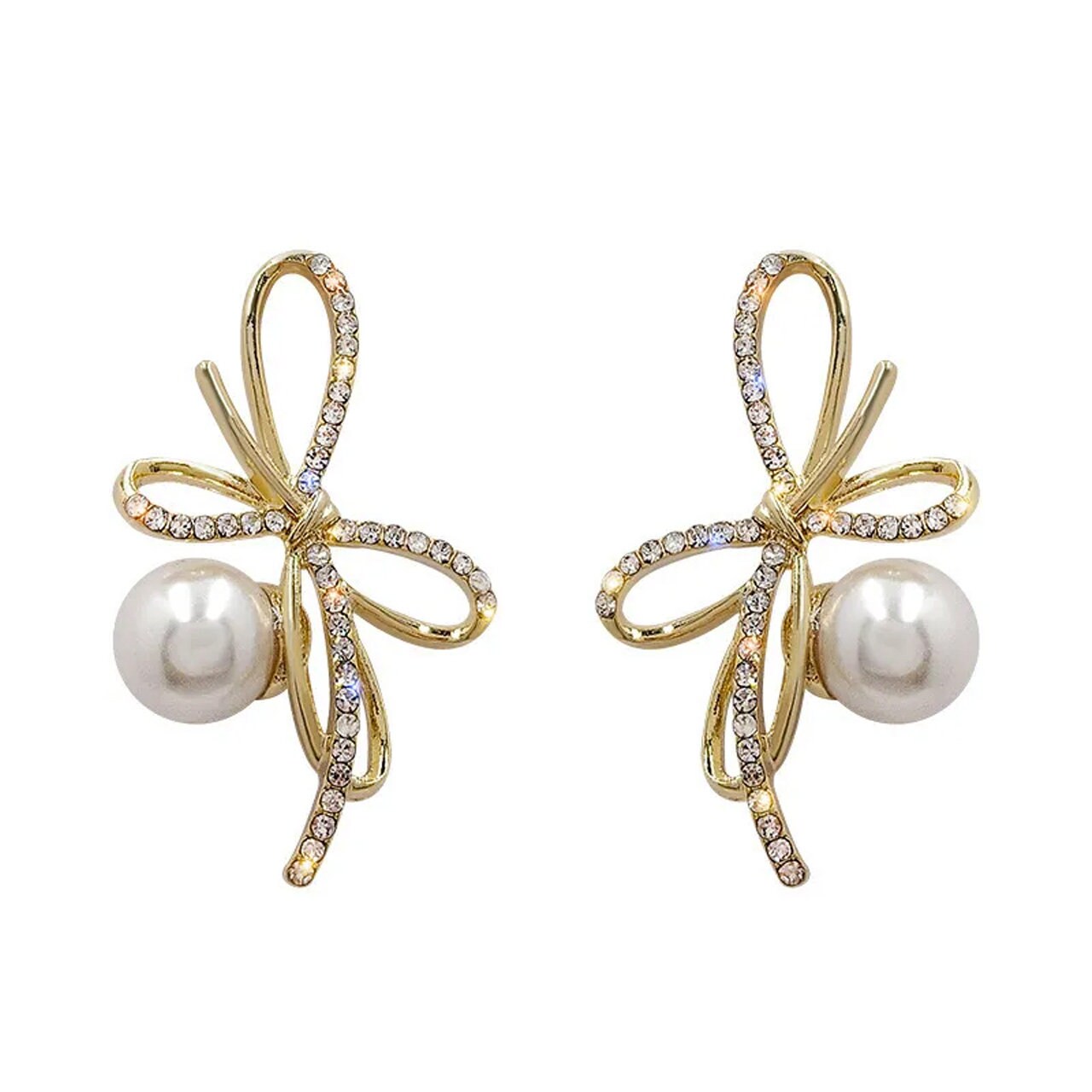 ENCHANTED Pearl Crystal Bow Stud Earrings | Gold, 925 Sterling Silver Earrings | CZ Cubic Zirconia Studs | Princesscore, Fairycore, Coquette