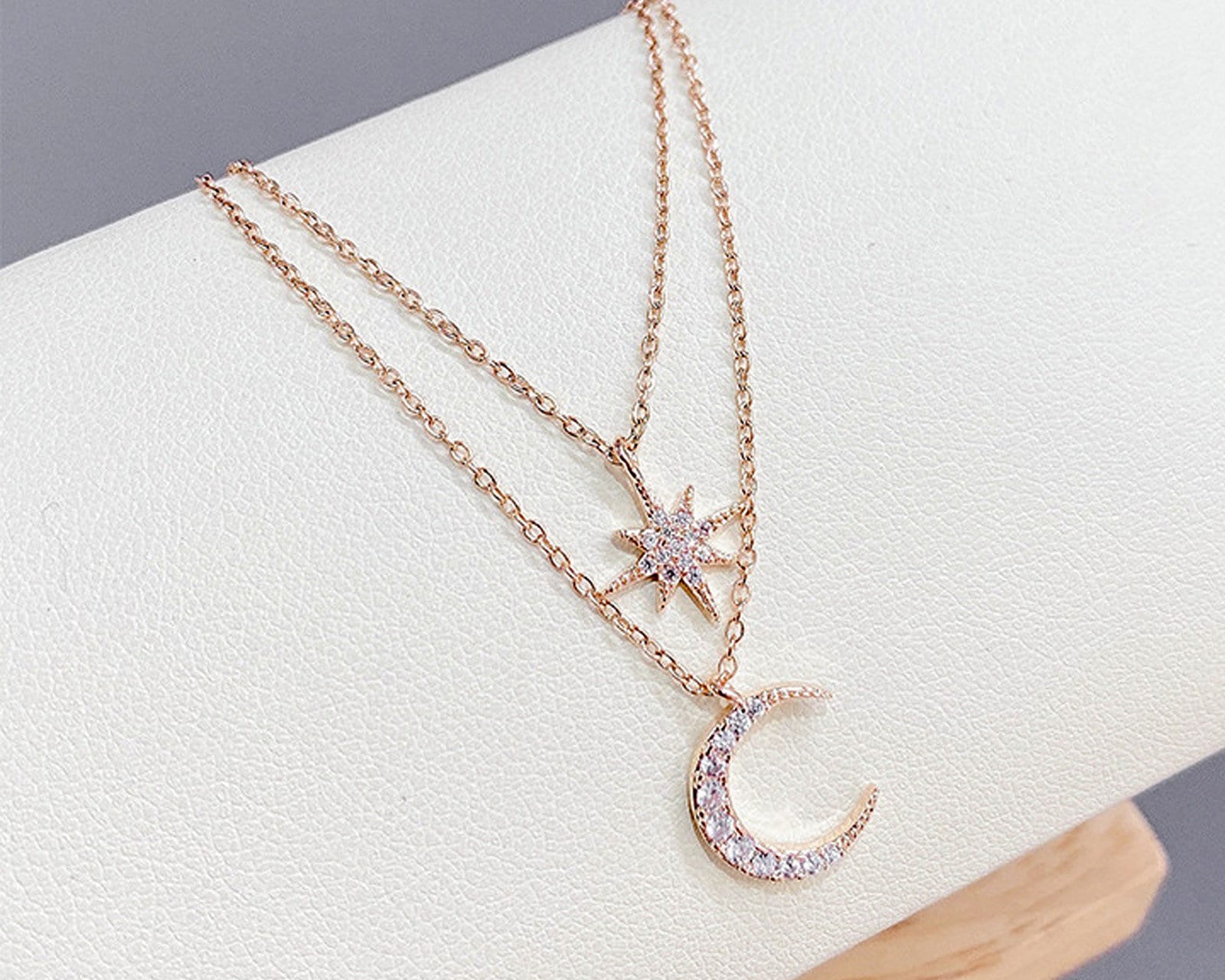 CELESTIAL Star, Moon Pendant Necklace | Stainless Steel, 18K Gold-Plated, Rose Gold | Double Layered Necklace | CZ Cubic Zirconia