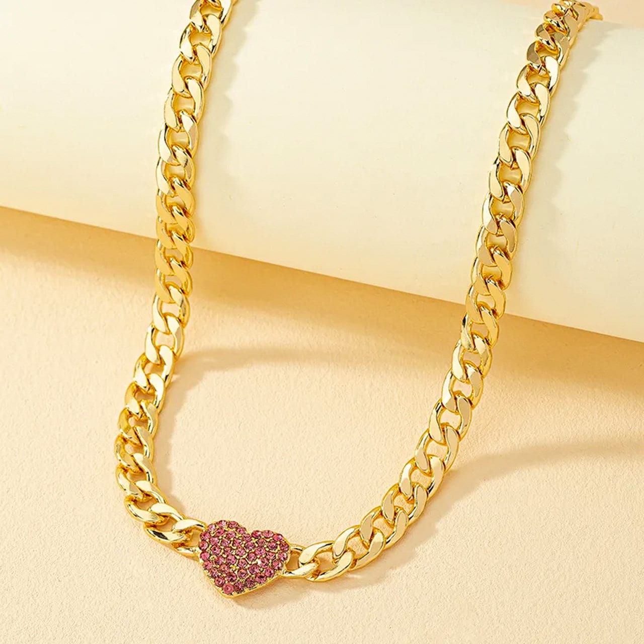 Gold Crystal Heart Choker | Chunky Curb Link Chain | Stainless Steel Gold-Plated Pendant Necklace | Streetwear, Y2K Jewelry Gifts