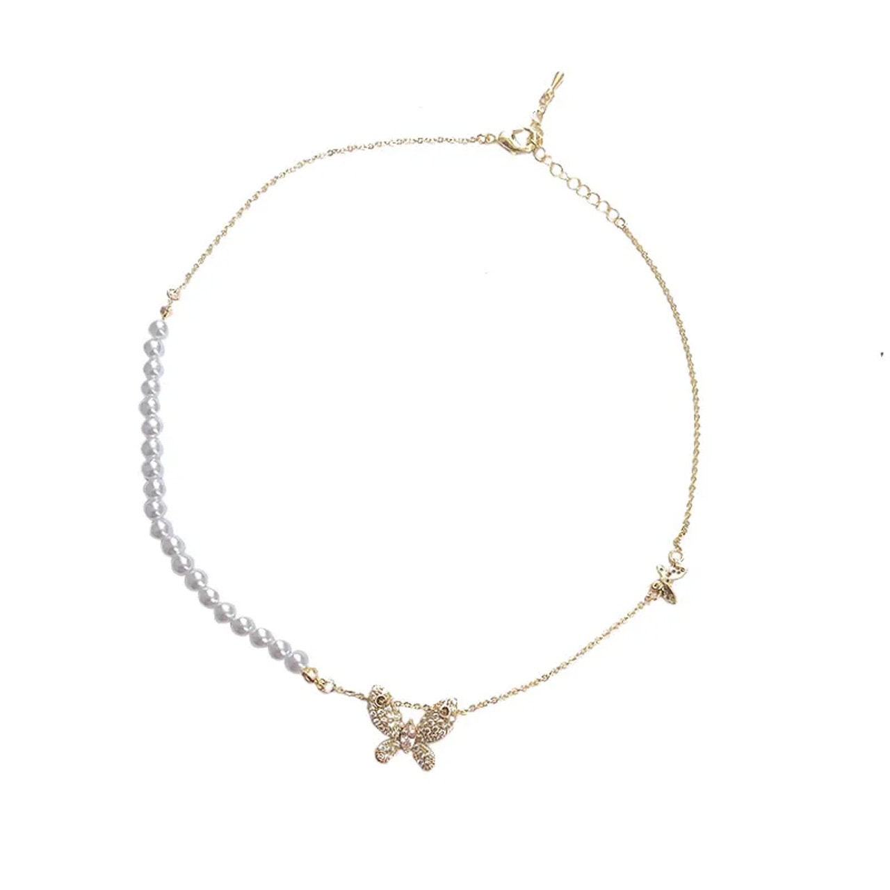 Asymmetrical Butterfly Pendant Chain Choker | Butterfly Necklace | 18K Gold Chain | CZ Cubic Zirconia Pearl Choker | Elegant, Dainty, Glam