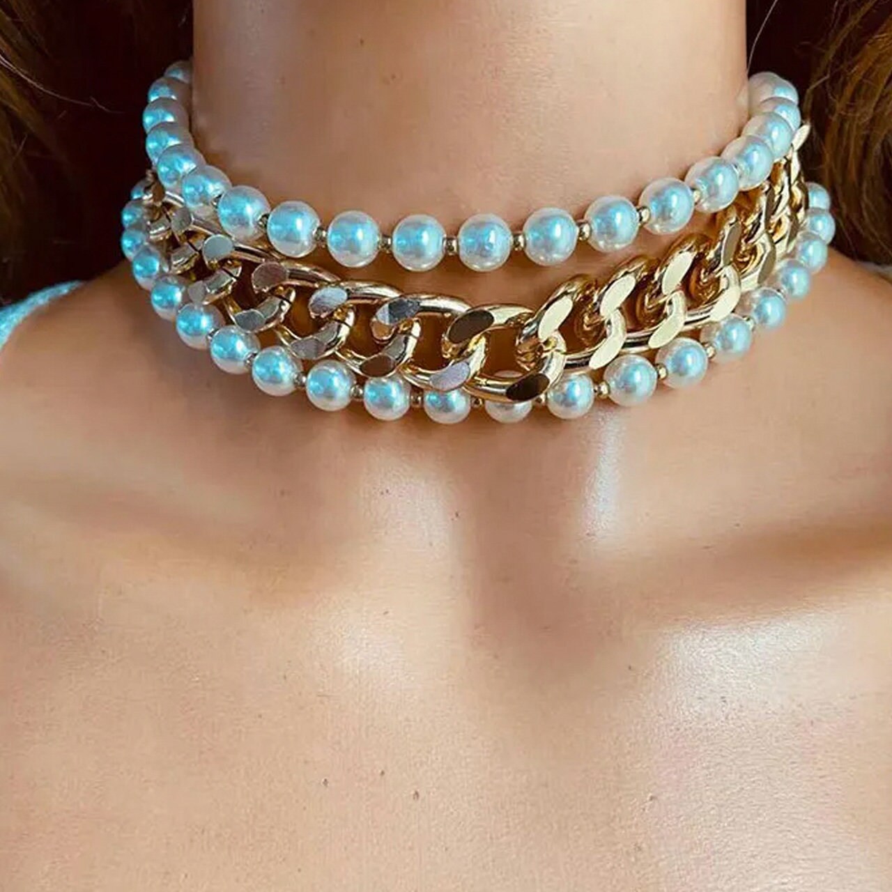 Chain Pearl Choker Necklace | Gold Cuban Link Choker | Pearl Multi-strand Choker | Multi-Layered Choker | Coquette, Dollete Aesthetic