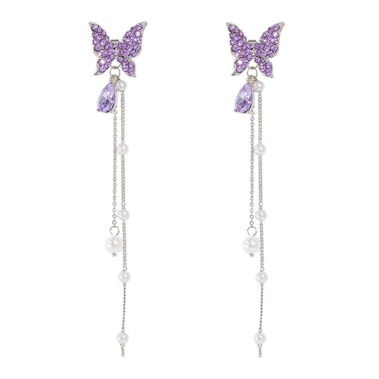 Butterfly Drop Tassel Crystal Earrings | Pearl Drop Earrings | CZ Cubic Zirconia Dangle Earrings | Fairycore, Minimalist