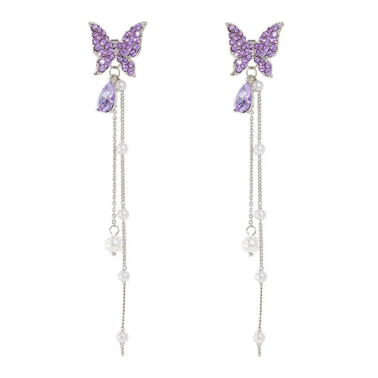 Butterfly Drop Tassel Crystal Earrings | Pearl Drop Earrings | CZ Cubic Zirconia Dangle Earrings | Fairycore, Minimalist