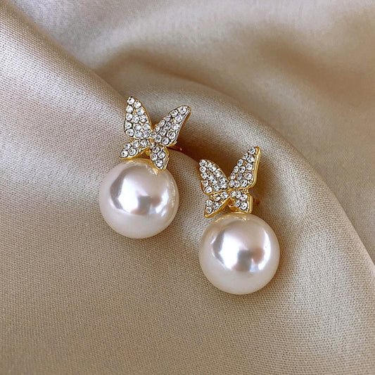 CZ Butterfly Drop Earrings | Gold, Pearl, Cubic Zirconia Studs | Fairycore, Coquette