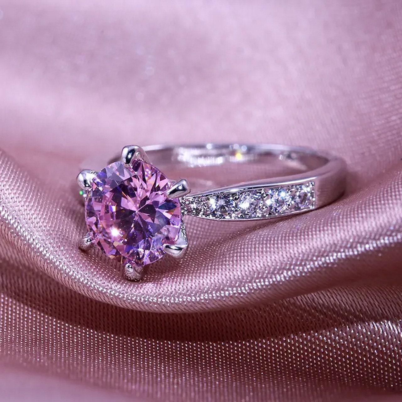 Classic Barbie Pink CZ Ring | S925 Sterling Silver, Cubic Zirconia | Stackable, Statement, Minimalist | Princesscore, Barbiecore Aesthetic