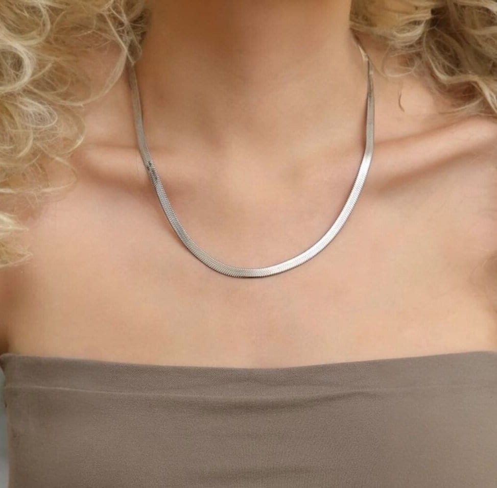 Silver Herringbone Necklace | Stainless Steel Snake Chain Necklace | Waterproof, Tarnish Free | Layering Necklace | Minimalist, Gift for Her